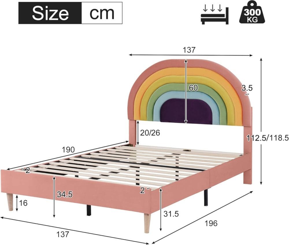 4ft6 Double Bed Frame with Adjustable Rainbow Headboard