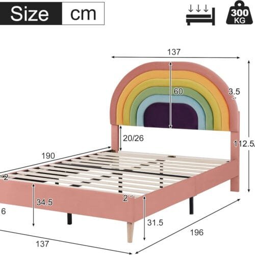 4ft6 Double Bed Frame with Adjustable Rainbow Headboard