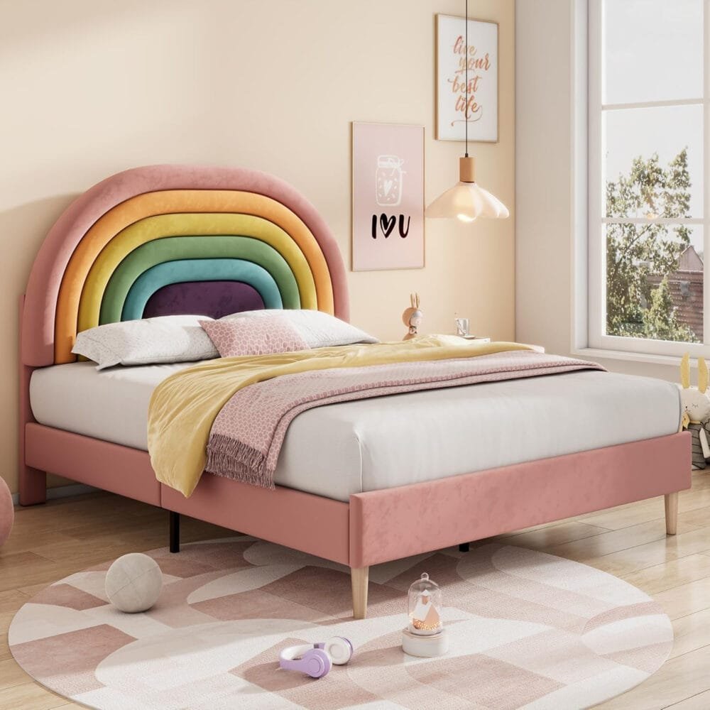 4ft6 Double Bed Frame with Adjustable Rainbow Headboard