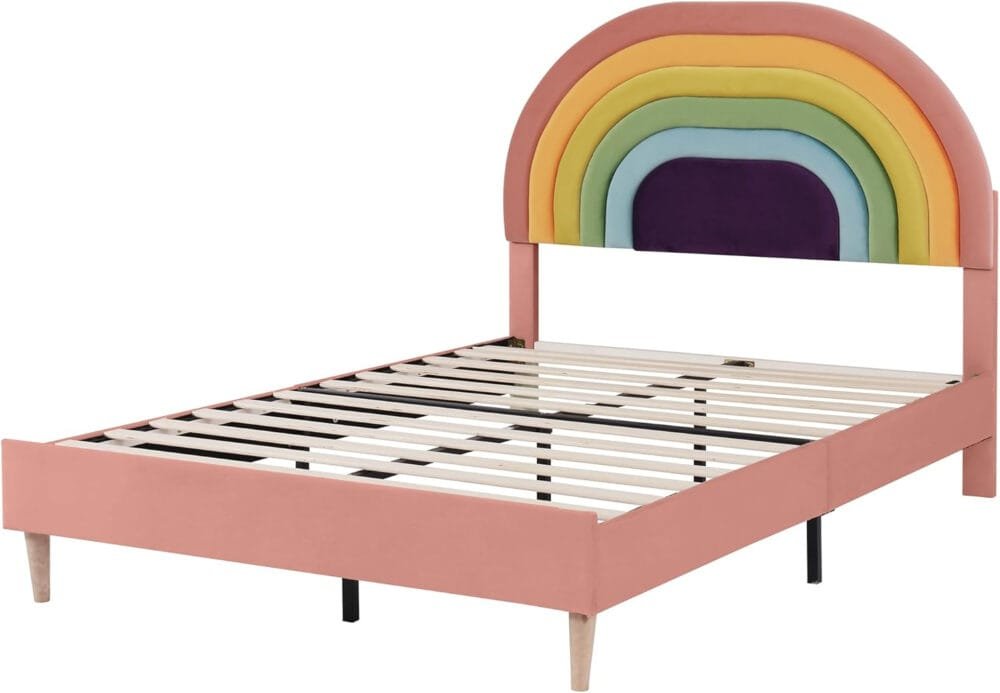 4ft6 Double Bed Frame with Adjustable Rainbow Headboard