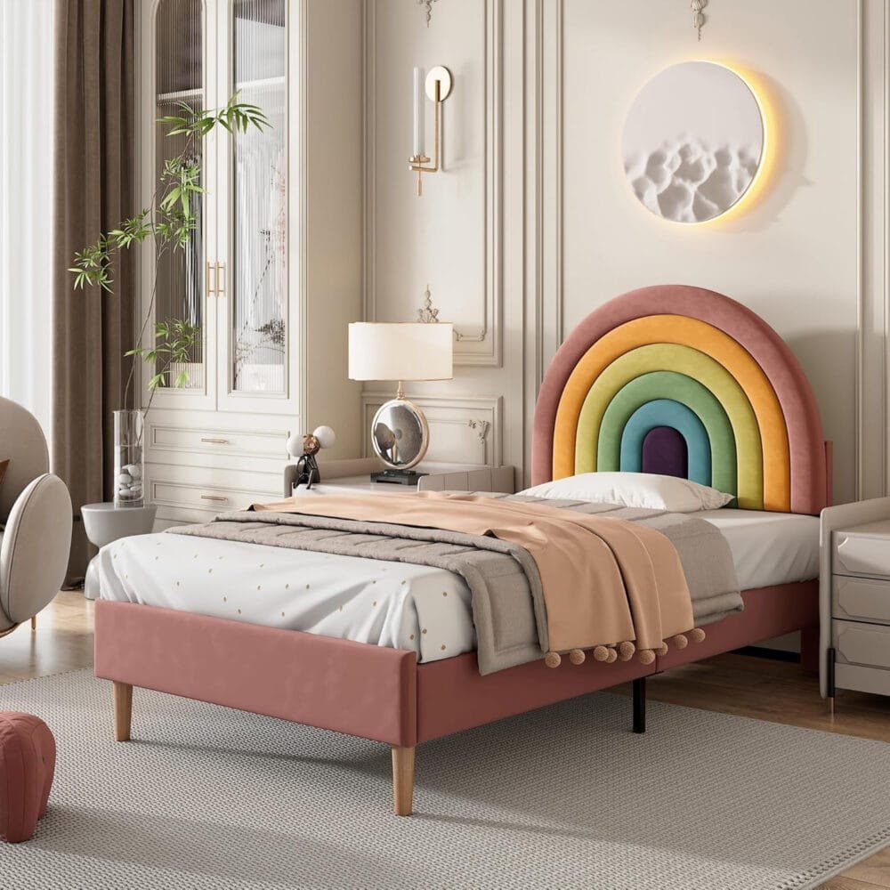 4ft6 Double Bed Frame with Adjustable Rainbow Headboard
