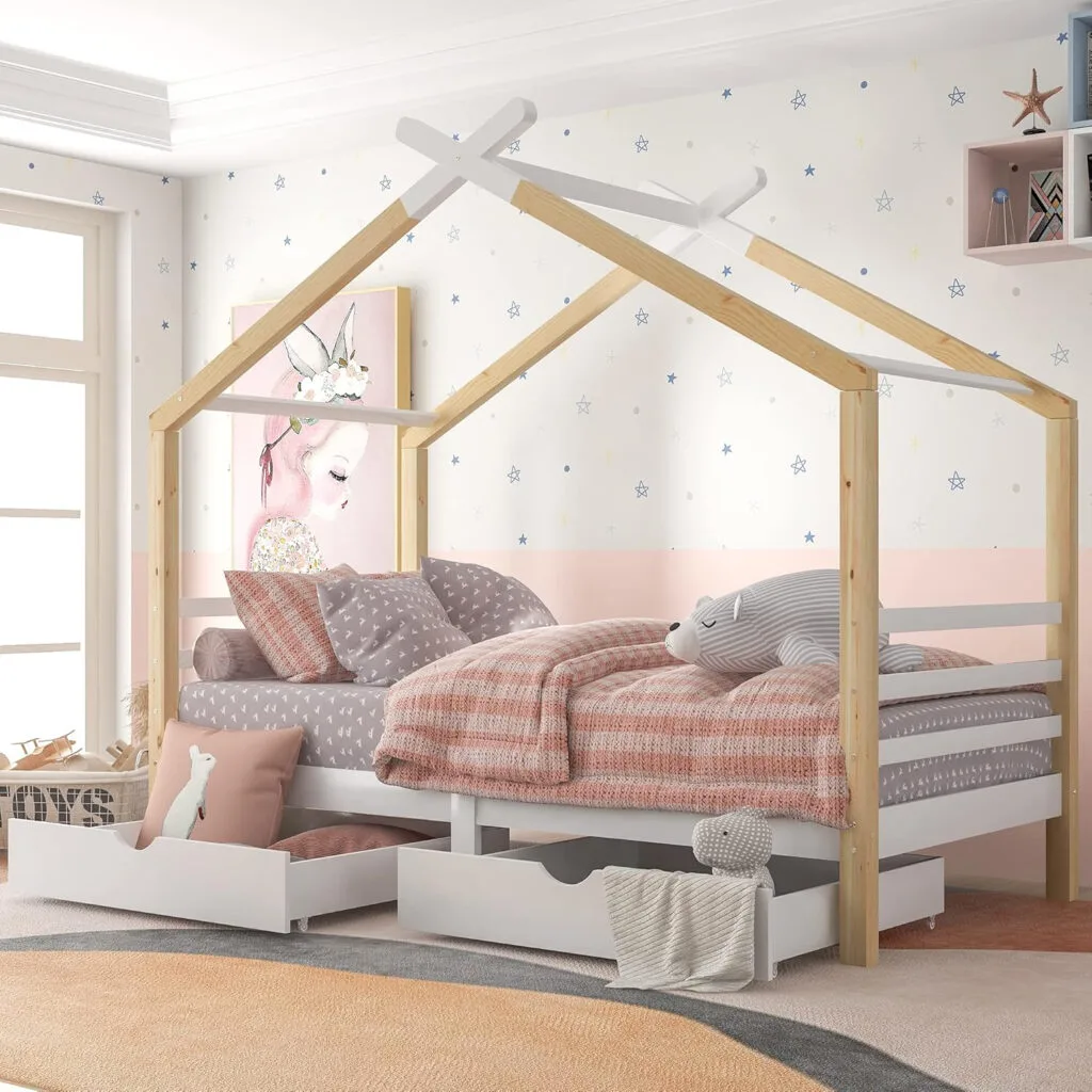 Wooden House Bed with Two Storage Drawers for Kids