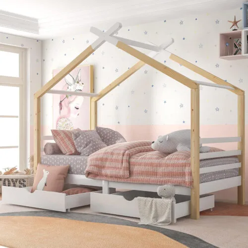 Wooden House Bed with Two Storage Drawers for Kids