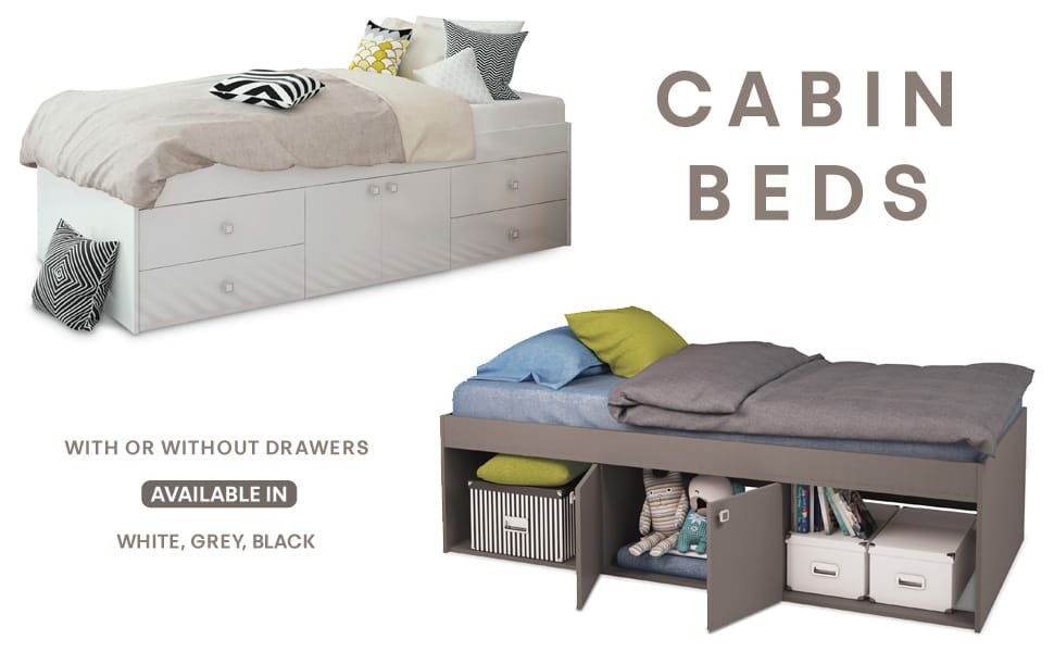 Cabin Beds, available in Black, Grey or White and with or without drawers.