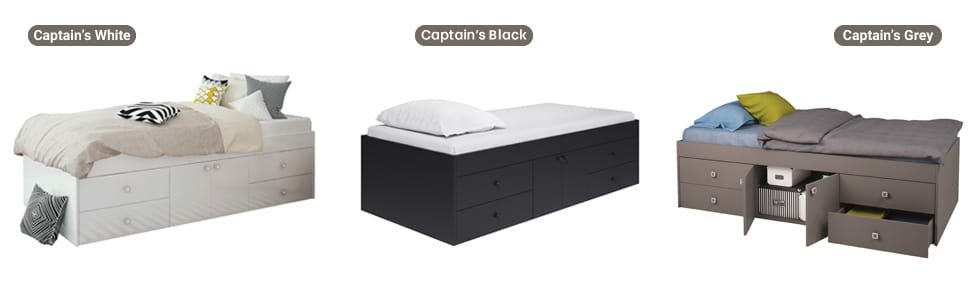 Black, Grey and White cabin beds with 4 drawers