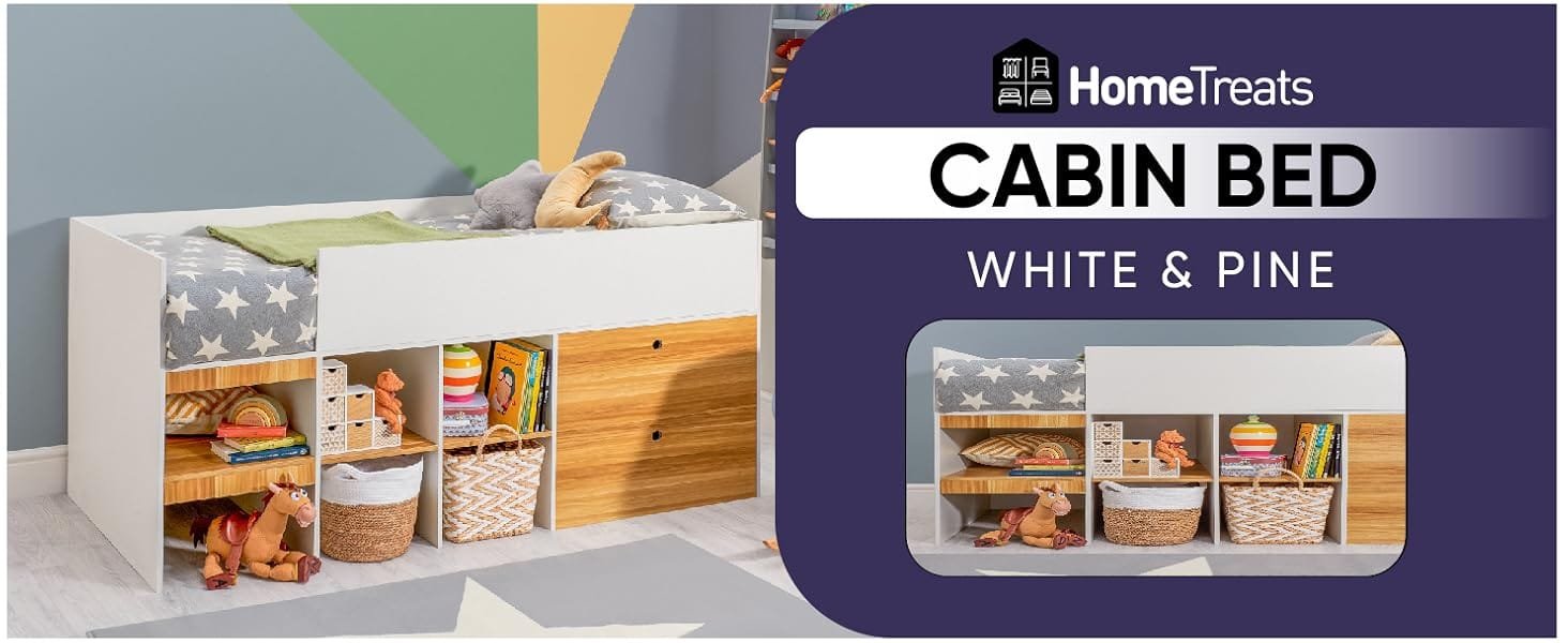 Single Wooden Bed Frame Cabin Bed with Storage white& pine wood