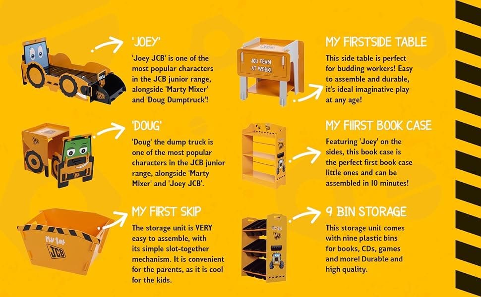 JCB Products - Toddler Bed, Desk and Chair, Skip Toybox, Bedside, Bookcase, Storage Unit