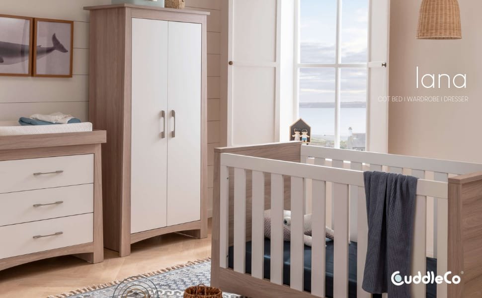 The Lana collection includes a convertible cot bed, dresser / changing unit and wardrobe