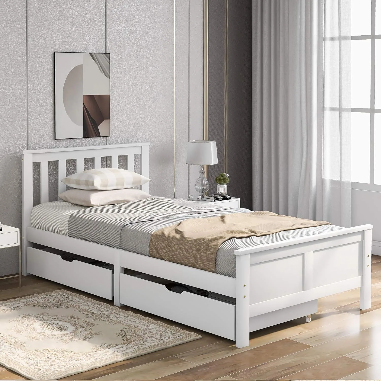 Harper & Bright Designs Wooden Solid Pine Storage Bed With Drawers