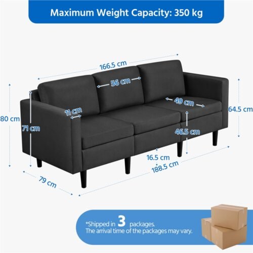 Costoffs Sofa Bed, 3-Seater Sofa Couch, 189cm W Modern Fabric Upholstered Sofa Couch for Living Room/Bedroom/Office/Apartment/Guest Room/Lounge, Dark Grey/Light Grey/Black