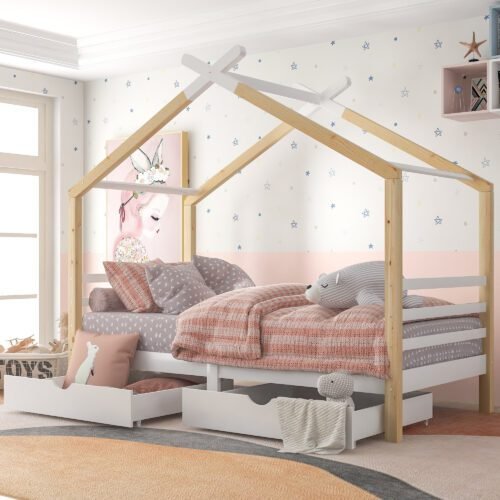 BTM Single Bed Frames Toddler Beds Storage Underneath 3FT Single Bed with Storage Solid Pine Wood House Tree Canopy Bed Toddler Bed (Wood)