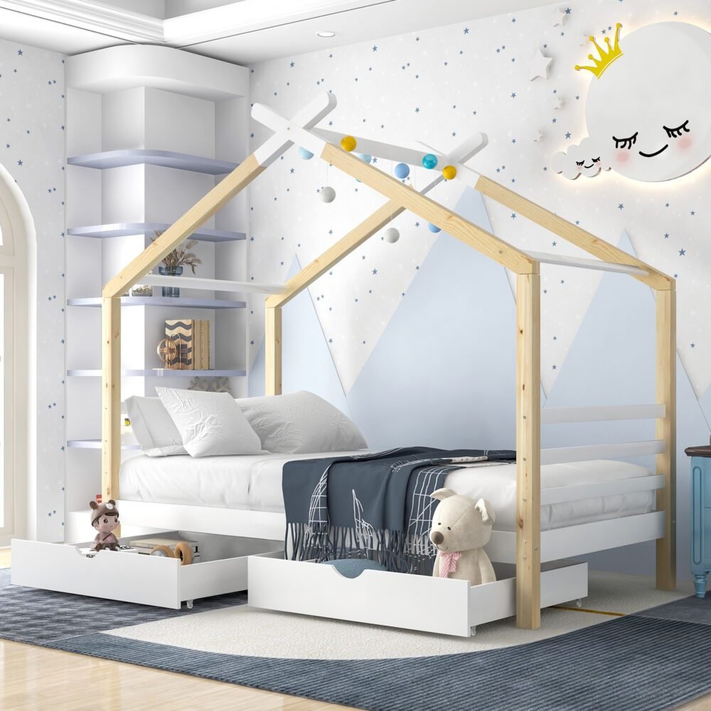 BTM Single Bed Frames Toddler Beds Storage Underneath 3FT Single Bed with Storage Solid Pine Wood House Tree Canopy Bed Toddler Bed (Wood)