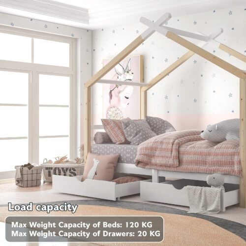 BTM Single Bed Frames Toddler Beds Storage Underneath 3FT Single Bed with Storage Solid Pine Wood House Tree Canopy Bed Toddler Bed (Wood)