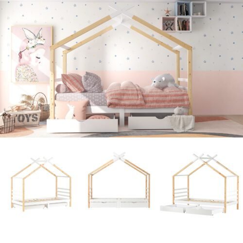 BTM Single Bed Frames Toddler Beds Storage Underneath 3FT Single Bed with Storage Solid Pine Wood House Tree Canopy Bed Toddler Bed (Wood)