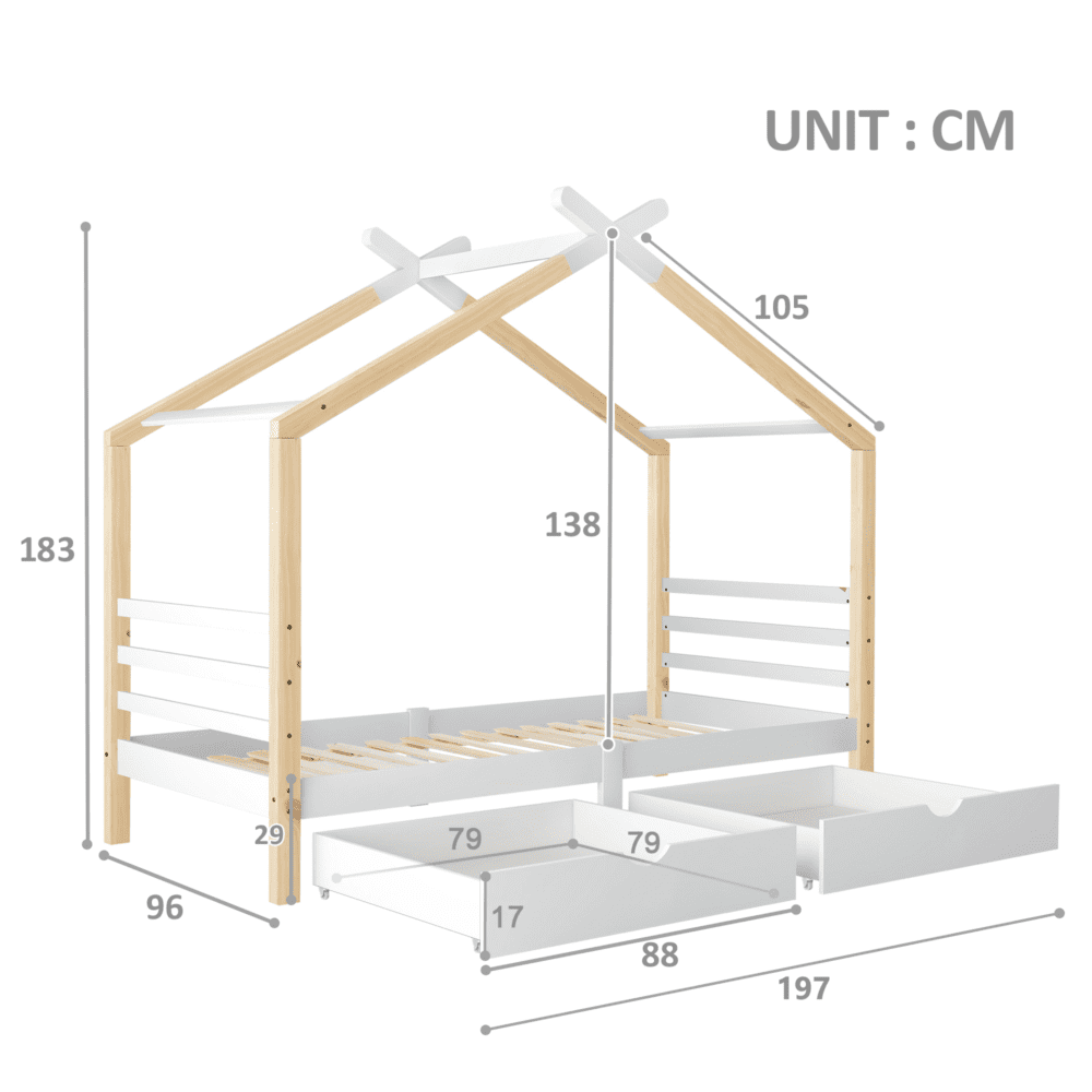 BTM Single Bed Frames Toddler Beds Storage Underneath 3FT Single Bed with Storage Solid Pine Wood House Tree Canopy Bed Toddler Bed (Wood)
