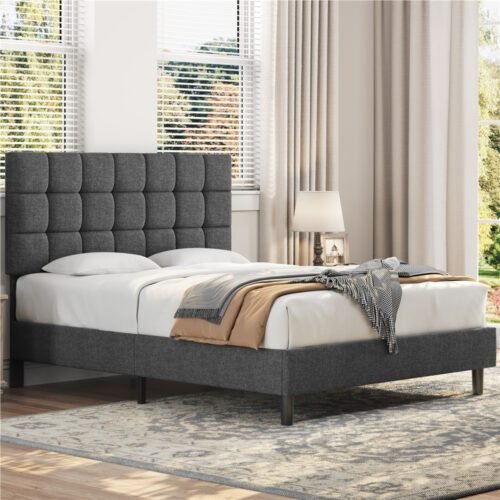 Costoffs Upholstered Bed Frame, Modern Platform Bed Frame with Strong Wooden Slats Support and Square Tufted Headboard Height Adjustable