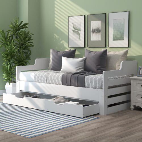 Daybed ( 90 x190 cm White Trundle and Drawer, Cabin Bed, SIngle Guest Bed Sofa Bed, Pull out Trundle and Storage Drawer for Living Room and Bedroom