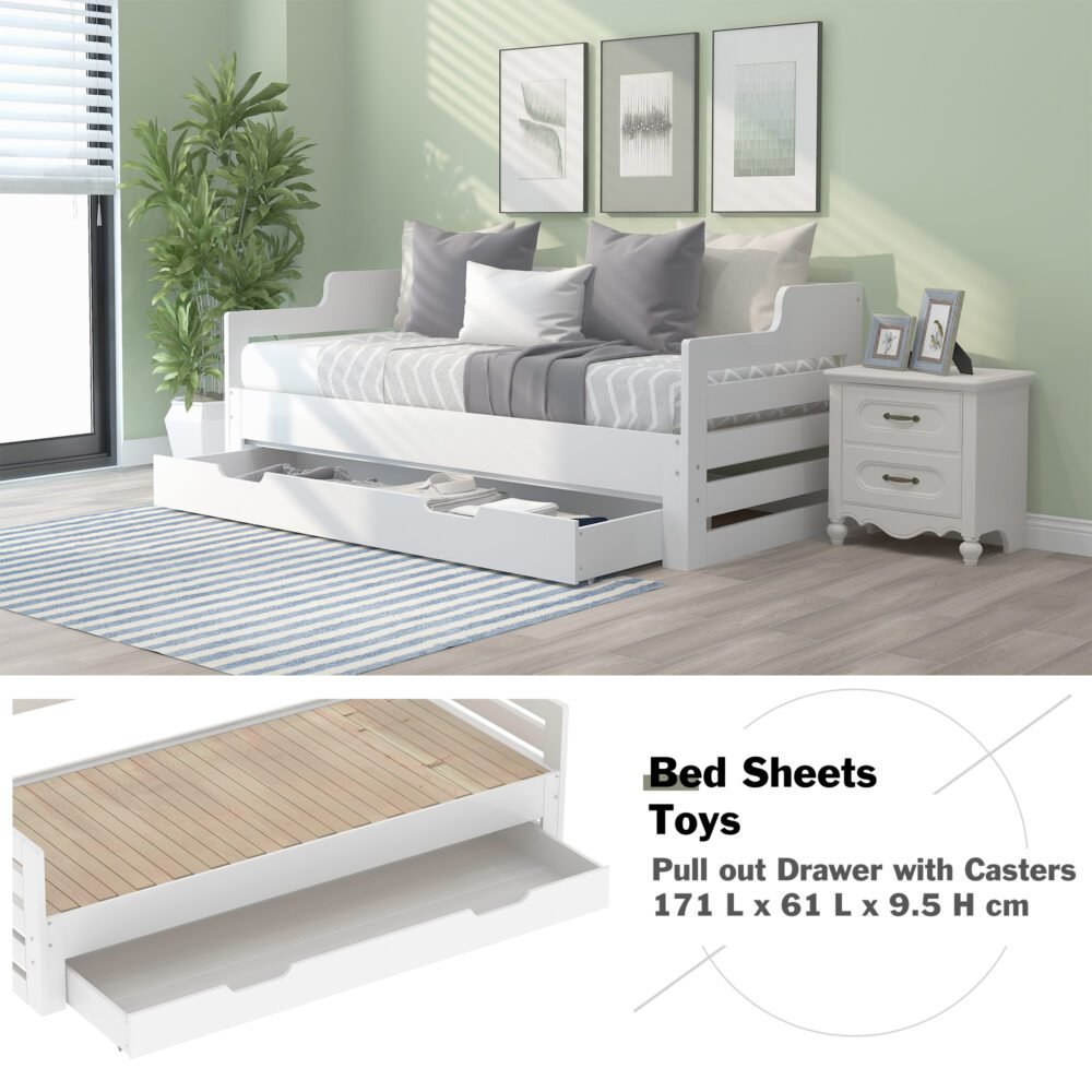 Daybed ( 90 x190 cm White Trundle and Drawer, Cabin Bed, SIngle Guest Bed Sofa Bed, Pull out Trundle and Storage Drawer for Living Room and Bedroom