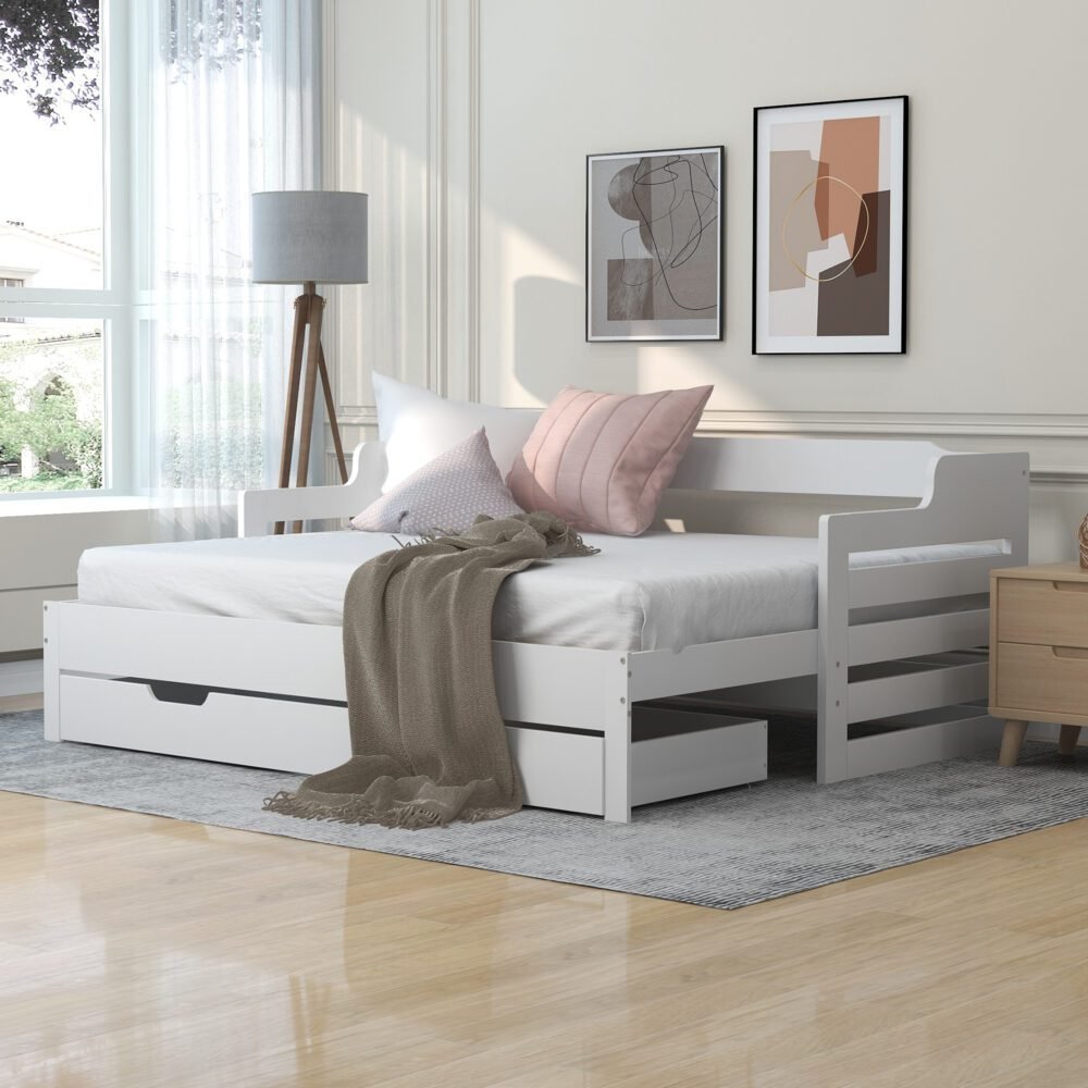 Daybed ( 90 x190 cm White Trundle and Drawer, Cabin Bed, SIngle Guest Bed Sofa Bed, Pull out Trundle and Storage Drawer for Living Room and Bedroom