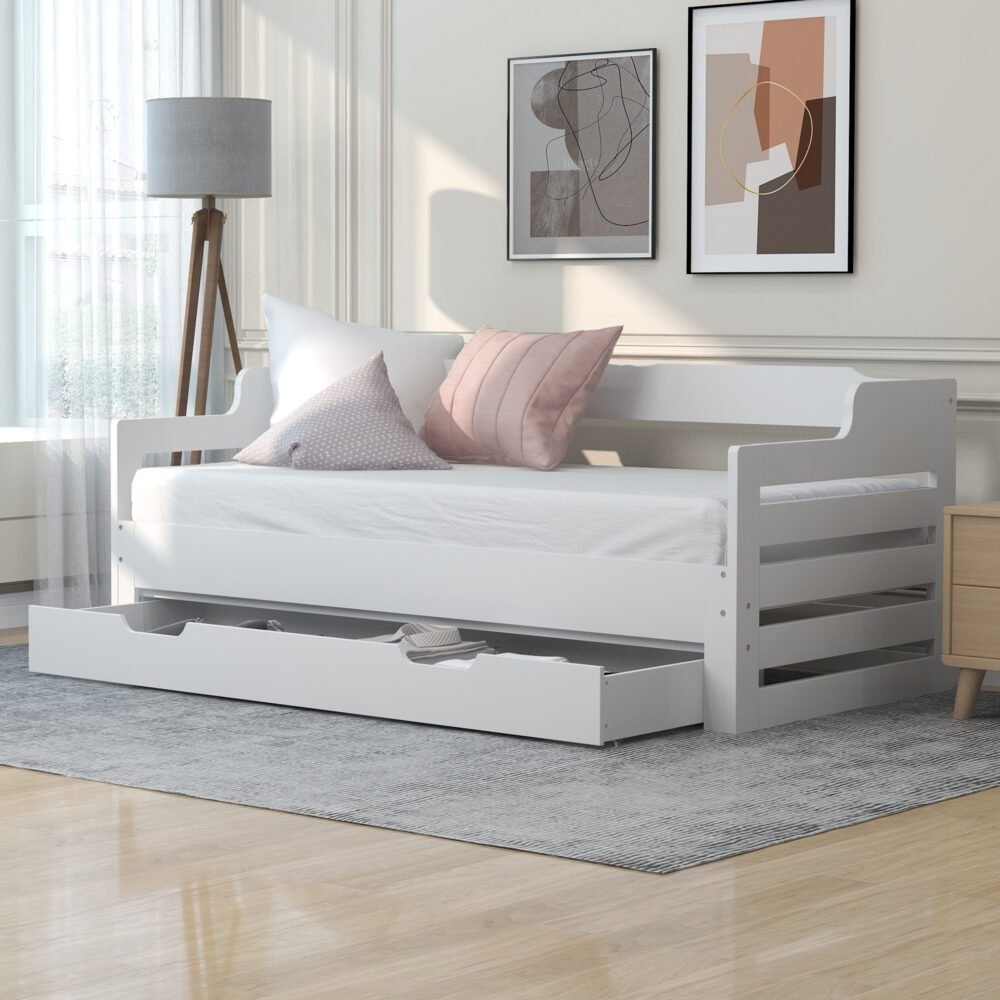 Daybed ( 90 x190 cm White Trundle and Drawer, Cabin Bed, SIngle Guest Bed Sofa Bed, Pull out Trundle and Storage Drawer for Living Room and Bedroom