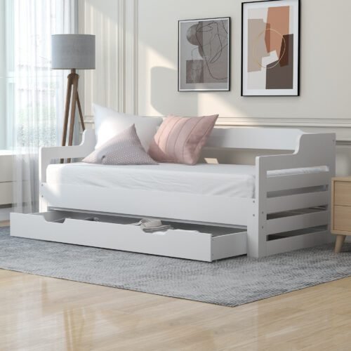 Daybed ( 90 x190 cm White Trundle and Drawer, Cabin Bed, SIngle Guest Bed Sofa Bed, Pull out Trundle and Storage Drawer for Living Room and Bedroom