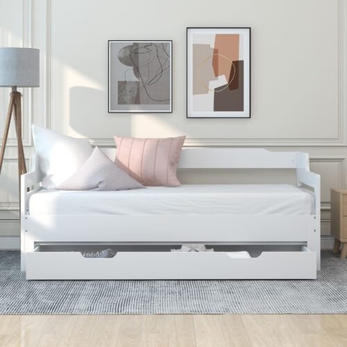 Daybed ( 90 x190 cm White Trundle and Drawer, Cabin Bed, SIngle Guest Bed Sofa Bed, Pull out Trundle and Storage Drawer for Living Room and Bedroom