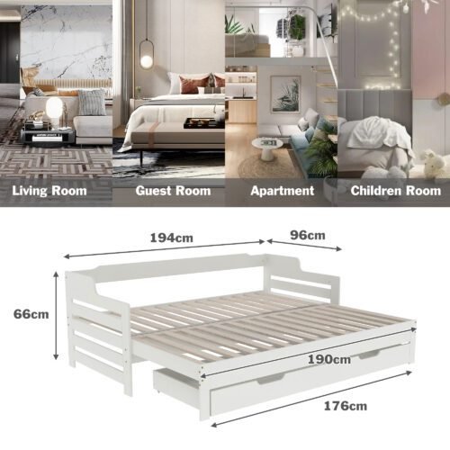 Daybed ( 90 x190 cm White Trundle and Drawer, Cabin Bed, SIngle Guest Bed Sofa Bed, Pull out Trundle and Storage Drawer for Living Room and Bedroom