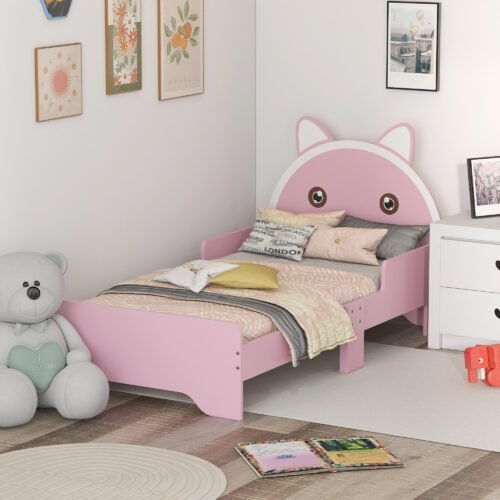 Toddler Bed Frame, Kids Bed Cat Design Princess Bed Bedroom Furniture with Guardrails, for 3-6 Years Old, 143L x 74W x 72Hcm - Pink
