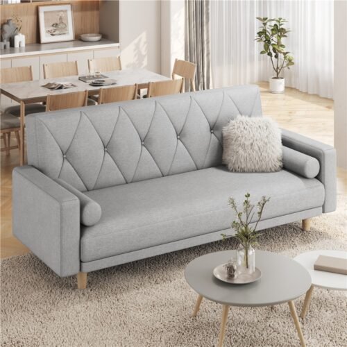 Costoffs Sofa Bed Linen Sofa Convertible Futon Sofa Bed Button-tufted Fabric 3-Seater Sofa Bed with 2 Bolster Pillows For Limited Space