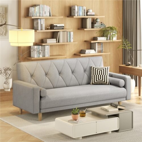 Costoffs Sofa Bed Linen Sofa Convertible Futon Sofa Bed Button-tufted Fabric 3-Seater Sofa Bed with 2 Bolster Pillows For Limited Space