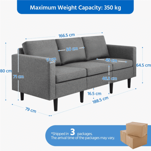 Costoffs Sofa Bed, 3-Seater Sofa Couch, 189cm W Modern Fabric Upholstered Sofa Couch for Living Room/Bedroom/Office/Apartment/Guest Room/Lounge, Dark Grey/Light Grey/Black