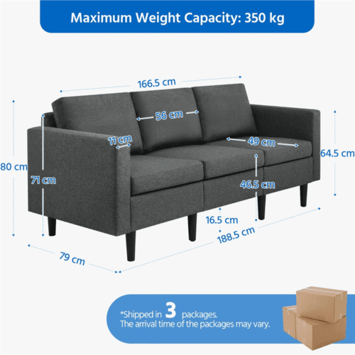 Costoffs Sofa Bed, 3-Seater Sofa Couch, 189cm W Modern Fabric Upholstered Sofa Couch for Living Room/Bedroom/Office/Apartment/Guest Room/Lounge, Dark Grey/Light Grey/Black
