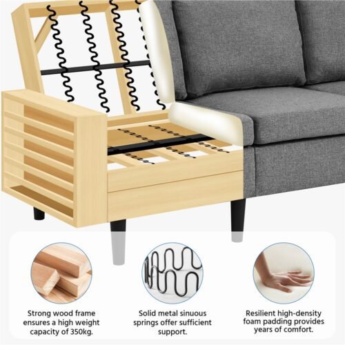 Costoffs Sofa Bed, 3-Seater Sofa Couch, 189cm W Modern Fabric Upholstered Sofa Couch for Living Room/Bedroom/Office/Apartment/Guest Room/Lounge, Dark Grey/Light Grey/Black