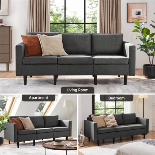 Costoffs Sofa Bed, 3-Seater Sofa Couch, 189cm W Modern Fabric Upholstered Sofa Couch for Living Room/Bedroom/Office/Apartment/Guest Room/Lounge, Dark Grey/Light Grey/Black