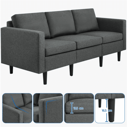 Costoffs Sofa Bed, 3-Seater Sofa Couch, 189cm W Modern Fabric Upholstered Sofa Couch for Living Room/Bedroom/Office/Apartment/Guest Room/Lounge, Dark Grey/Light Grey/Black