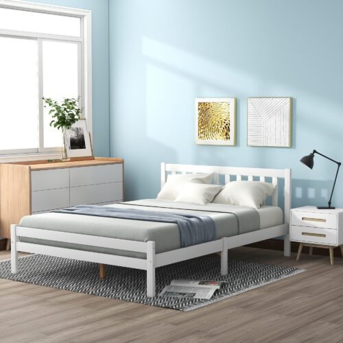 Wooden Bed Frame, Double Bed 4ft6 Solid Wooden Bed Frame, Bedroom Furniture for Adults, Kids, Teenagers, 135 x 190 cm (White)