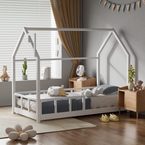 Treehouse Small Kids' Bed Frame - Solid Pine Wood Low Platform with Safety Rails