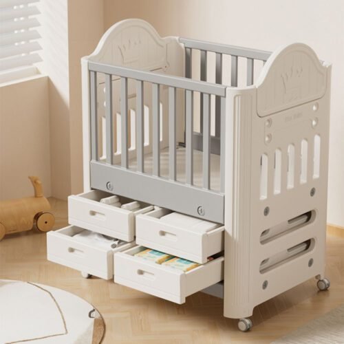 Cot with Under Drawer, Baby Cot with 4 Storage Drawers & Wheels, Grey - White HDPE/PP Material 1.0T Thickness, Sturdy Injection-Molded Crib for Newborns & Toddlers, Adjustable Height and Lockable Casters for Nursery/Bedroom, L85*W62*H108CM