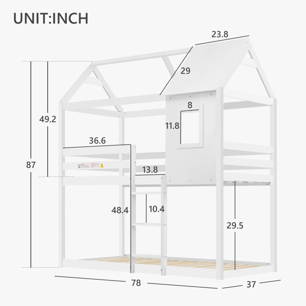 Bunk Bed, Wooden Bunk Beds with Ladder, Bunk Bed Frame, Wood House Loft Bed, Cabin Bed Frame, Treehouse Bed (White, 190x90cm)