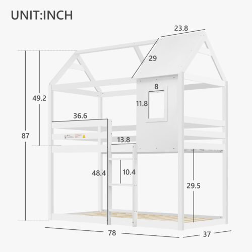 Bunk Bed, Wooden Bunk Beds with Ladder, Bunk Bed Frame, Wood House Loft Bed, Cabin Bed Frame, Treehouse Bed (White, 190x90cm)