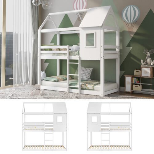 Bunk Bed, Wooden Bunk Beds with Ladder, Bunk Bed Frame, Wood House Loft Bed, Cabin Bed Frame, Treehouse Bed (White, 190x90cm)