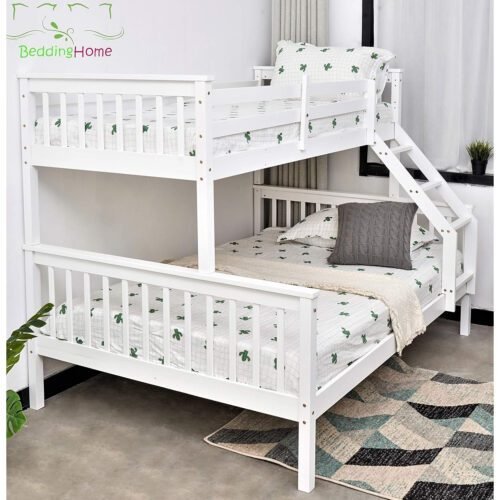 Triple Bunk Bed 3FT Single & 4.6FT Double, Solid Pine Wood Triple Sleeper Bed for Adults & Kids, Modern White Finish, Adjustable Design, Space-Saving Solution for Bedrooms