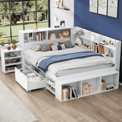 Children's bed, Double Bed-4ft6 (135*190cm), multifunctional children's bed with drawers, bookcase and storage cupboard, large storage space, slatted frame, without mattress, white