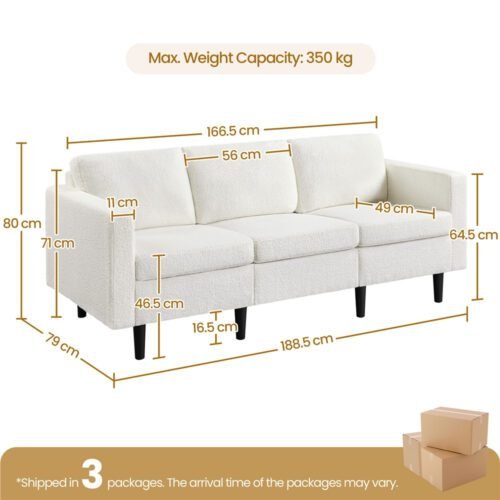 Costoffs Sofa Bed, 3-Seater Sofa Couch, 189cm W Modern Fabric Upholstered Sofa Couch for Living Room/Bedroom/Office/Apartment/Guest Room/Lounge, Dark Grey/Light Grey/Black