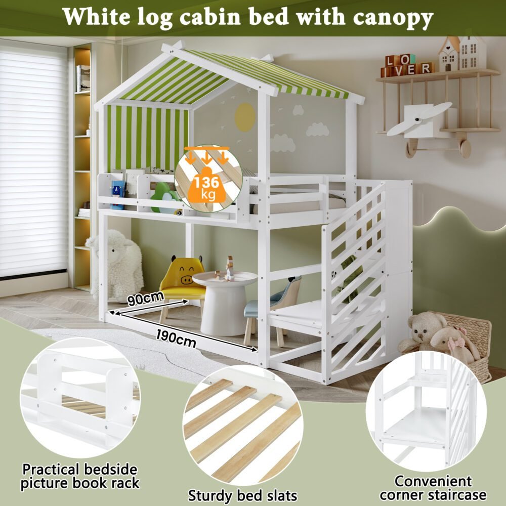 Kids & Teens Bunk Bed 3ft (90x190cm) | White & Green | Corner Stairs + Decorative Canopy + Mini Book Nook | Pine + MDF + Plywood