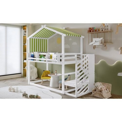 Kids & Teens Bunk Bed 3ft (90x190cm) | White & Green | Corner Stairs + Decorative Canopy + Mini Book Nook | Pine + MDF + Plywood