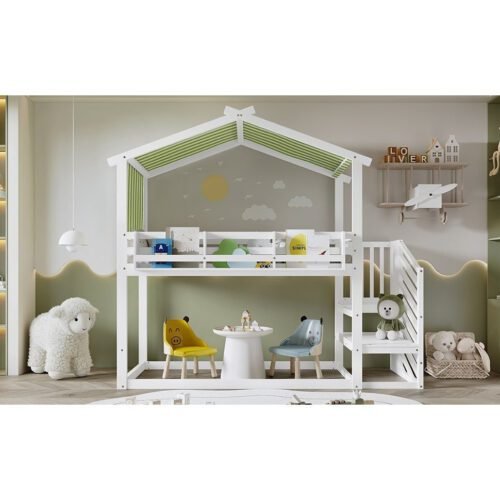 Kids & Teens Bunk Bed 3ft (90x190cm) | White & Green | Corner Stairs + Decorative Canopy + Mini Book Nook | Pine + MDF + Plywood
