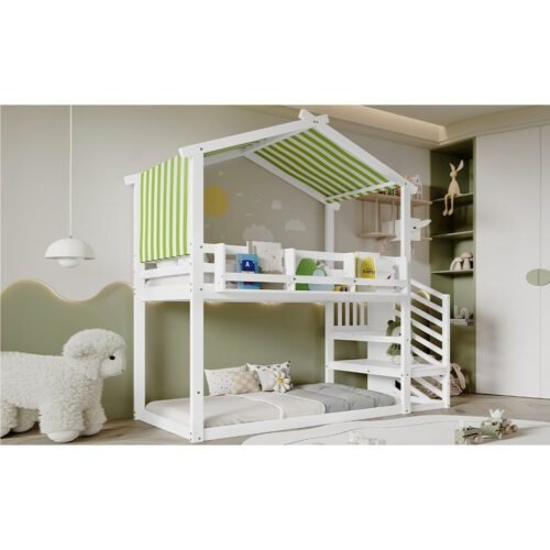 Kids & Teens Bunk Bed 3ft (90x190cm) | White & Green | Corner Stairs + Decorative Canopy + Mini Book Nook | Pine + MDF + Plywood