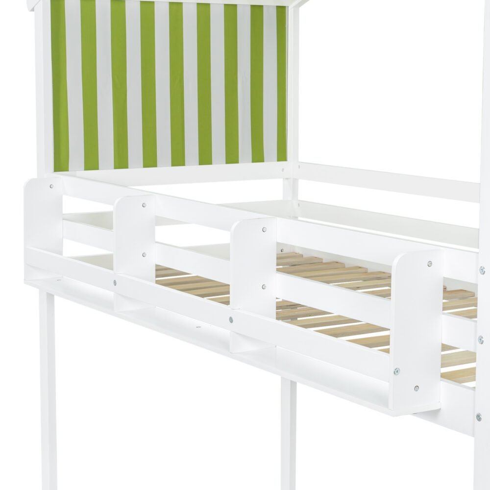 Kids & Teens Bunk Bed 3ft (90x190cm) | White & Green | Corner Stairs + Decorative Canopy + Mini Book Nook | Pine + MDF + Plywood