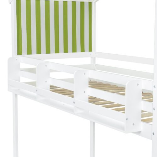 Kids & Teens Bunk Bed 3ft (90x190cm) | White & Green | Corner Stairs + Decorative Canopy + Mini Book Nook | Pine + MDF + Plywood